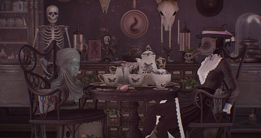 Atropos | A female plague doctor seated for tea.