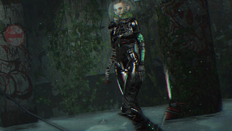 Oxygen | An androgynous person in a futuristic suit exploring flooded ruins.